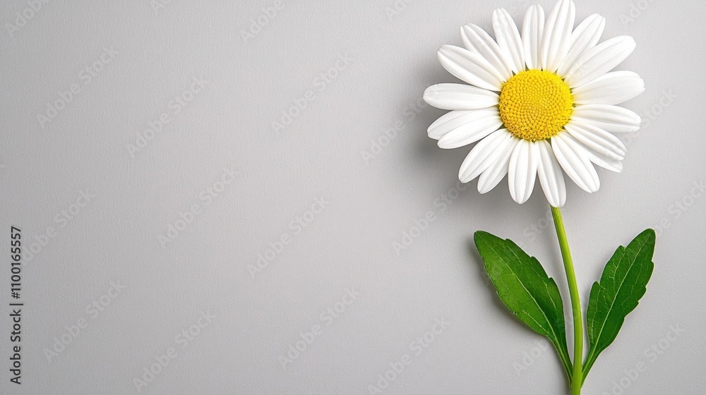 Obraz premium A photostock of a single daisy flower with white petals and a yellow center, isolated on a soft white background, delicate and cheerful. High Quality