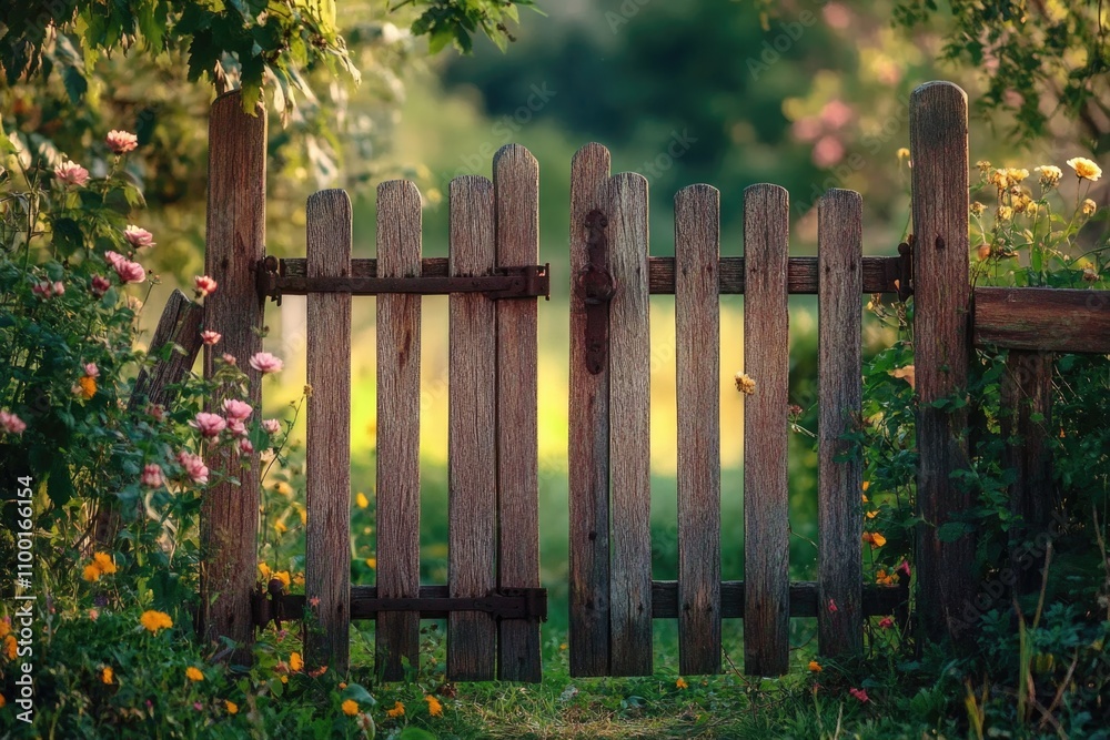 Obraz premium A wooden gate surrounded by lush greenery and colorful flowers, great for landscape or garden scenes
