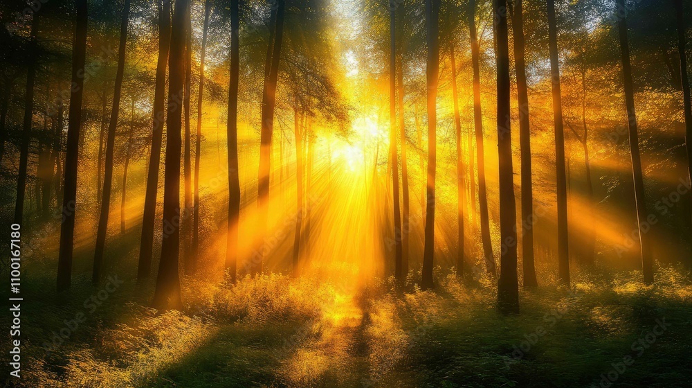 Fototapeta premium Sunlight filtering through trees during golden hour, creating a peaceful forest scene