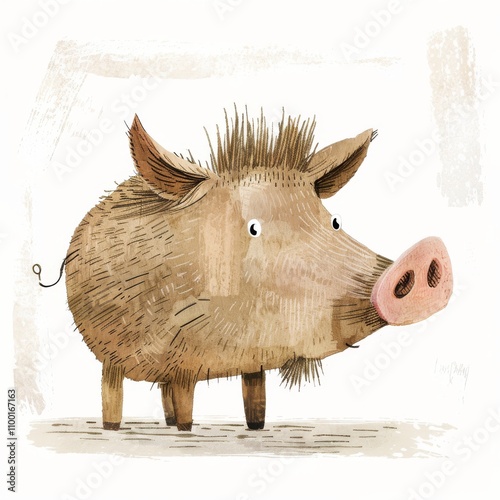 A cute, cartoon-style illustration of a wild boar with a friendly expression and textured fur, ideal for children's media.