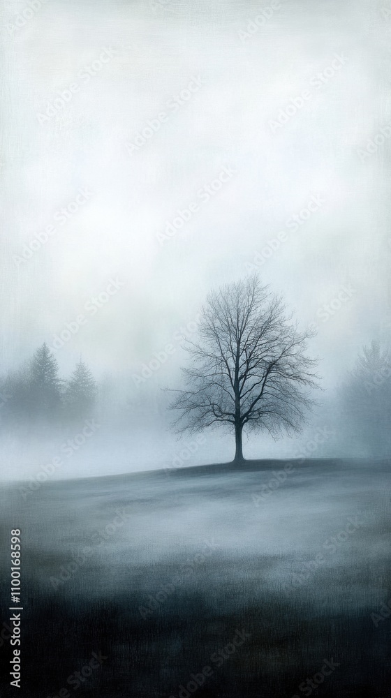 Obraz premium Lonely tree stands amidst a misty landscape, evoking solitude and tranquility, AI