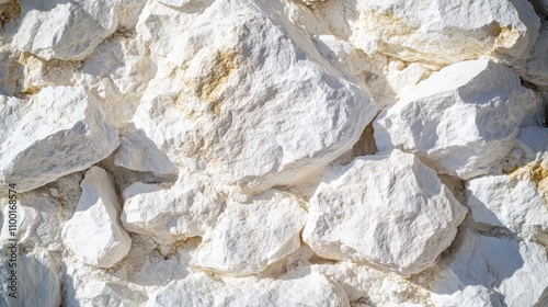 A pile of white rocks sits atop a stone wall, providing a unique and natural landscape feature photo