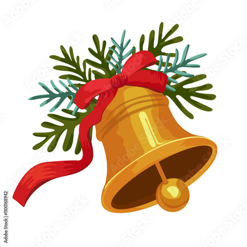 Christmas bell with red ribbon and pine sprigs on white background Christmas symbol, winter holiday. Vector illustration for banners, cards, flyers, social media wallpapers