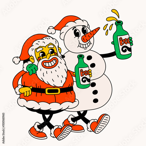 Drunk Santa Claus and snowman. Groovy vintage funny Santa and snowman characters celebrating holidays.