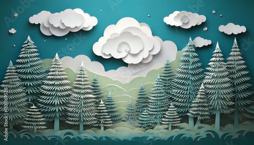 Design paper cut greeting card. Paper cut clouds, pine