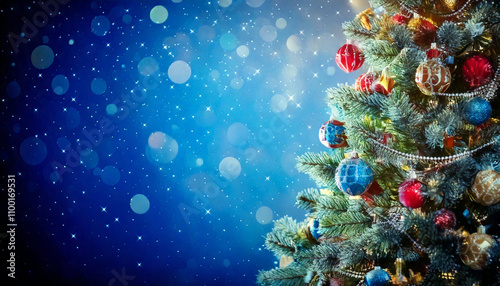 Christmas Tree With Ornaments In Blue And Defocused Lights - Baubles Hanging 