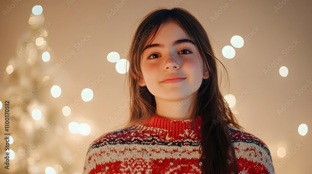 Naklejka premium Christmas Cheer: A teen girl smiles radiantly, wearing a festive sweater against a bokeh background of twinkling lights and a blurry Christmas tree.