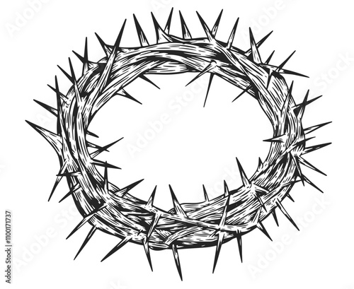 Crown of thorns Jesus Christ. Religious sacred wreath isolated on white background. Monochrome vector illustration.