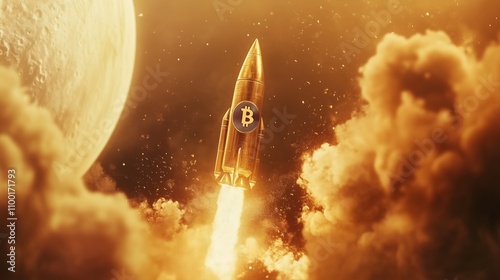 A golden rocket with the Bitcoin logo is taking off into space. photo