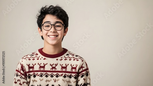 Holiday Cheer: A teenage boy beams in a festive reindeer sweater, his joyful smile radiating warmth and holiday spirit. photo