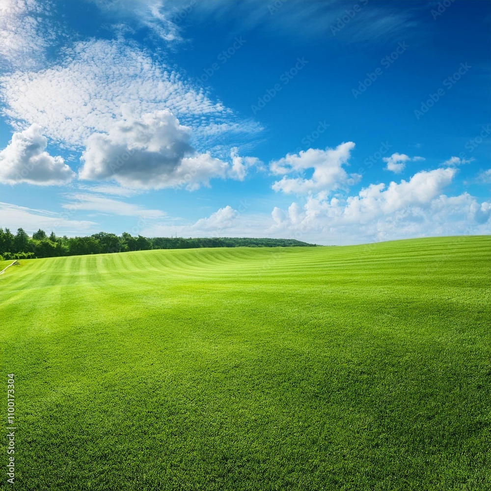 Fototapeta premium beautiful natural scenic panorama green field of cut grass into and blue sky with clouds on horizon perfect green lawn on summer sunny day