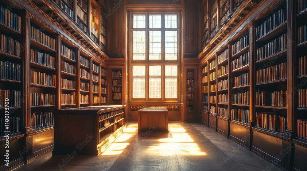 Warm, diffused light softly illuminating a quiet library in the early morning hours Warm, diffused light softly illuminating a quiet library in the early morning hours