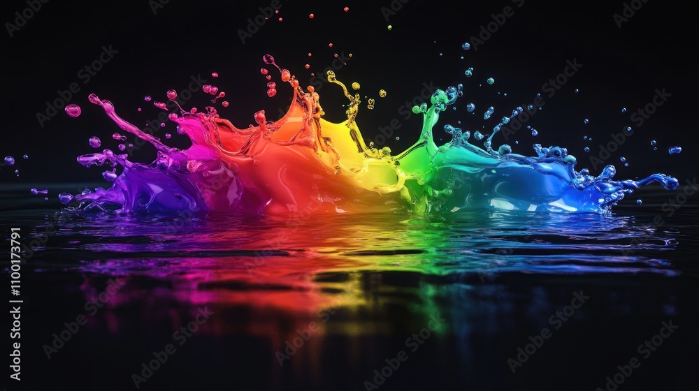 Fototapeta premium Vibrant rainbow paint splash exploding on dark reflective surface.