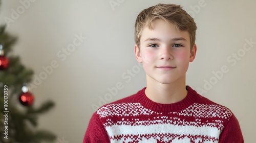 Teenage boy in a festive red and white Christmas sweater, smiling gently. A blurred Christmas tree is in the background. photo