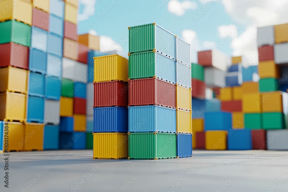 Fototapeta premium Colorful shipping containers stacked in an industrial setting, showcasing a vibrant display against a clear sky.