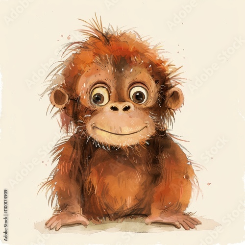 A charming illustration of a cute monkey with expressive eyes and fluffy fur, perfect for children's books or wildlife themes. photo