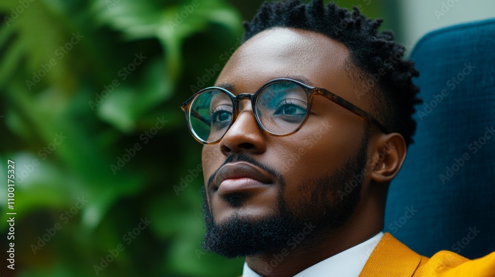 Fototapeta premium A young man in a stylish suit sits thoughtfully in an office adorned with plants, deeply focused on trading strategies and market trends during a busy workday