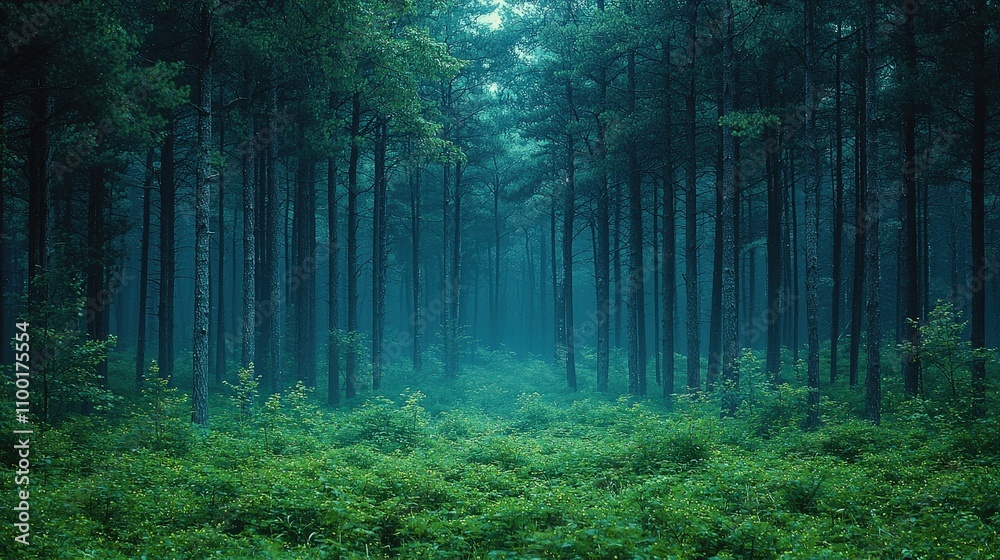 Obraz premium Mystical forest with tall trees and lush greenery at dusk