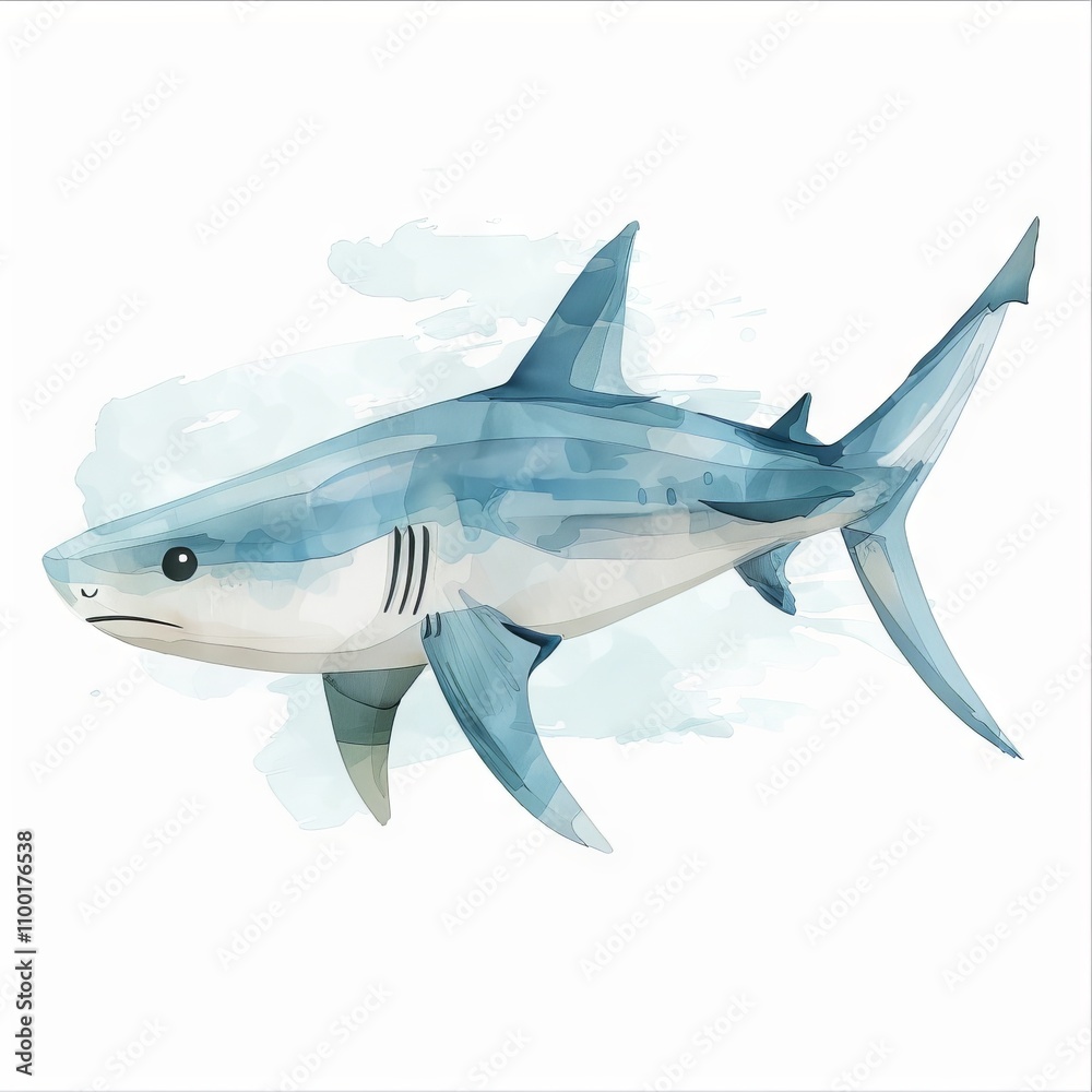 Obraz premium A beautifully rendered watercolor illustration of a shark, showcasing its graceful form and vibrant colors in aquatic settings.