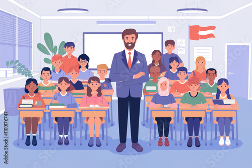 ilustración de unos niños junto a su profesor. Generado con IA