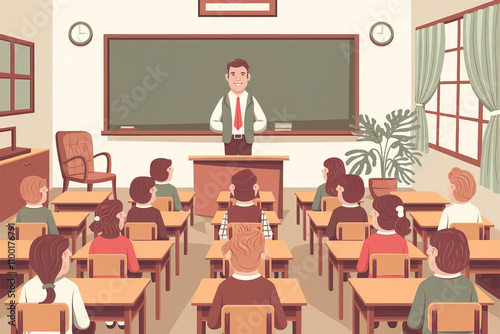 ilustración de un aula de un colegio con niños mirando hacia el profesor. Copy Space. Generado con IA