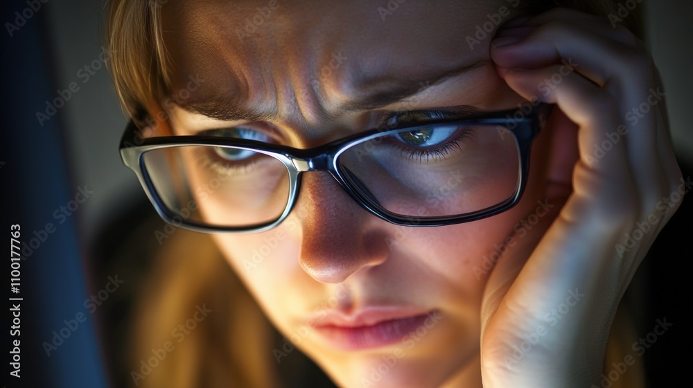 Fototapeta premium Stressful late-night work session home office portrait indoor close-up emotional strain and fatigue