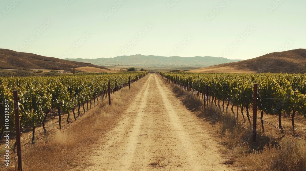 Fototapeta premium Serene Pathway Through Lush Vineyard Under Clear Blue Sky