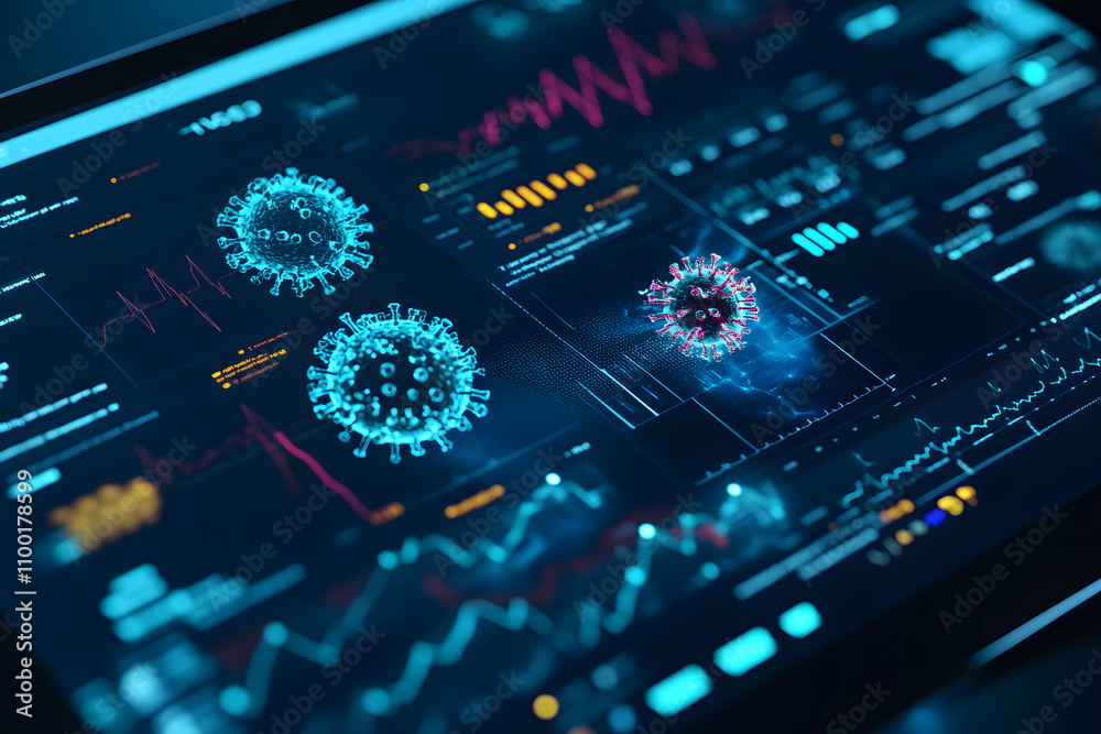 Fototapeta premium Advanced data interface featuring virus models, analytics, and futuristic graphs. Perfect for medical research, AI technology, data analysis, pandemic tracking, and innovation projects