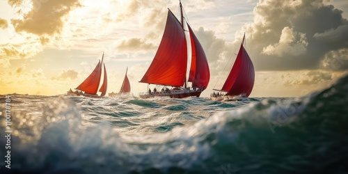 A group of sailboats on calm water, great for travel or adventure themes photo