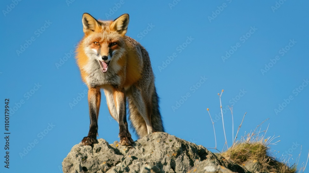 Fototapeta premium angry fox standing on a rock, blue sky background