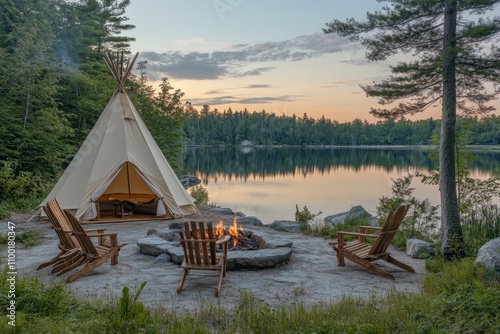 Teepee-style glamping tent near a tranquil lakeside with a campfire. photo