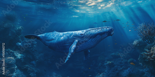 blue whale swims underwater in the ocean Generative AI