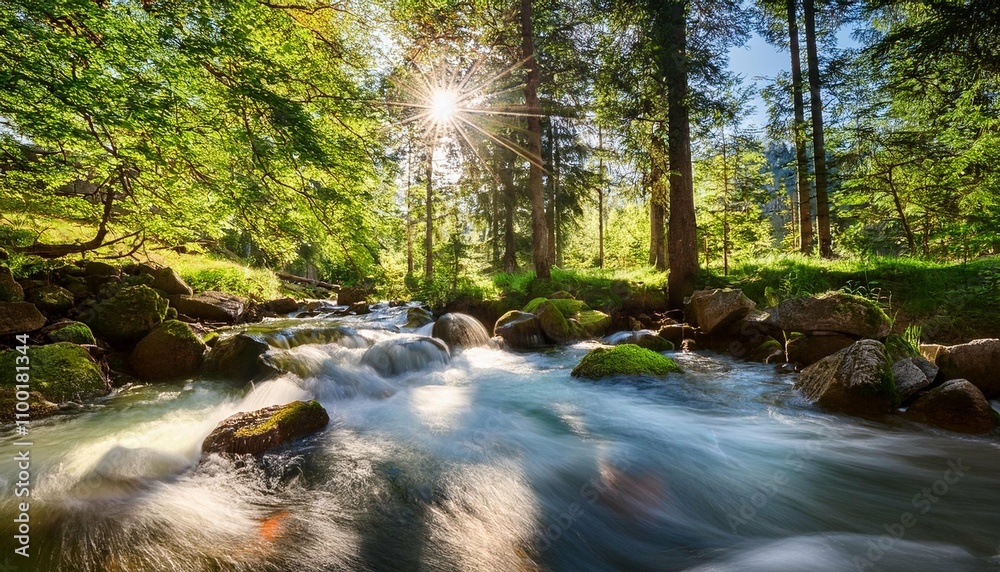 Obraz premium the flowing creek in the forest on a sunny day