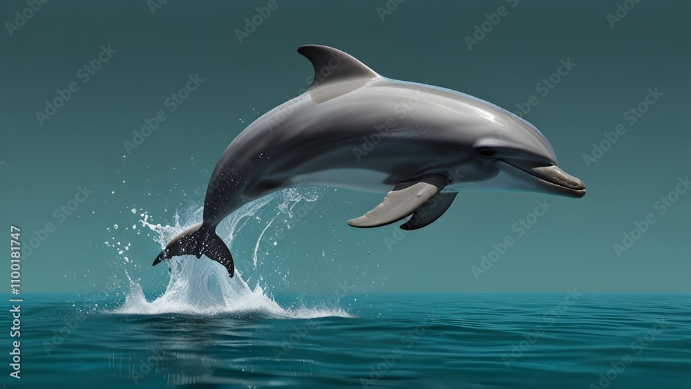 Fototapeta premium A sleek dolphin leaping out of water on a light teal background
