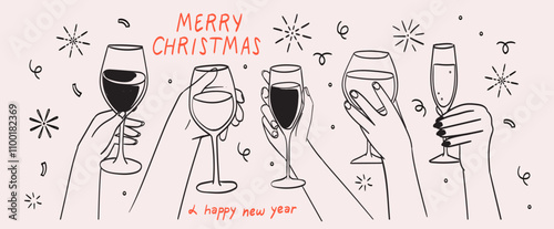 Hands hold glass of white sparkling, red wine, champagne or cocktail line drawing. Cheers vector illustration for greeting cards, placard, invitation design. People celebrating christmas or new year.