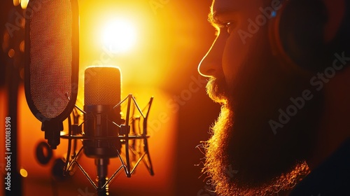 Profile of Man Singing into Microphone with Warm Backlight Glow