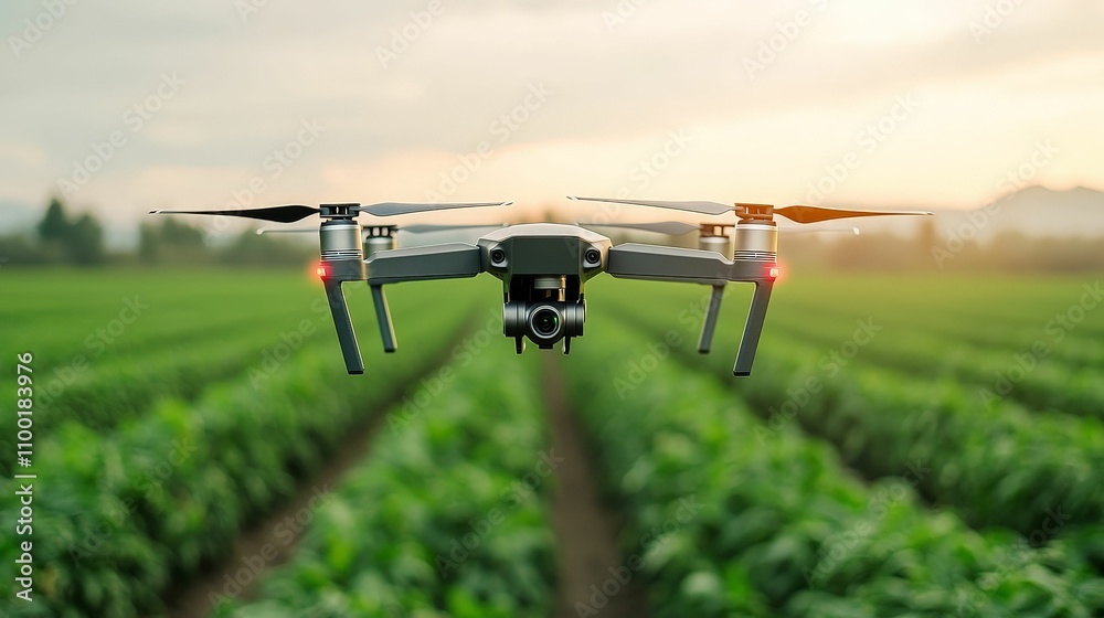 smart farming concept. A drone hovers above a lush green field during sunset, showcasing modern agricultural technology in action. smart farming concept. A drone hovers above a lush green field during sunset, showcasing modern agricultural technology in action.