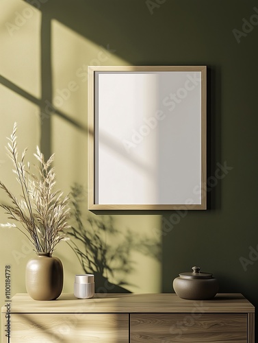 Blank photo frame mock up mount on olive green wall above cabinet with dry plant in vase decoration. Concept of Minimal or Display art gallery
