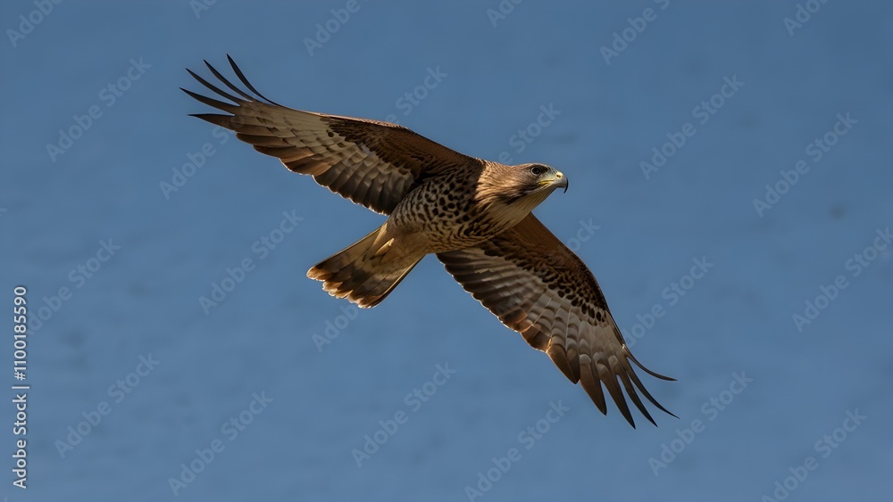 Fototapeta premium A gliding hawk with its wings wide open on a clear blue background