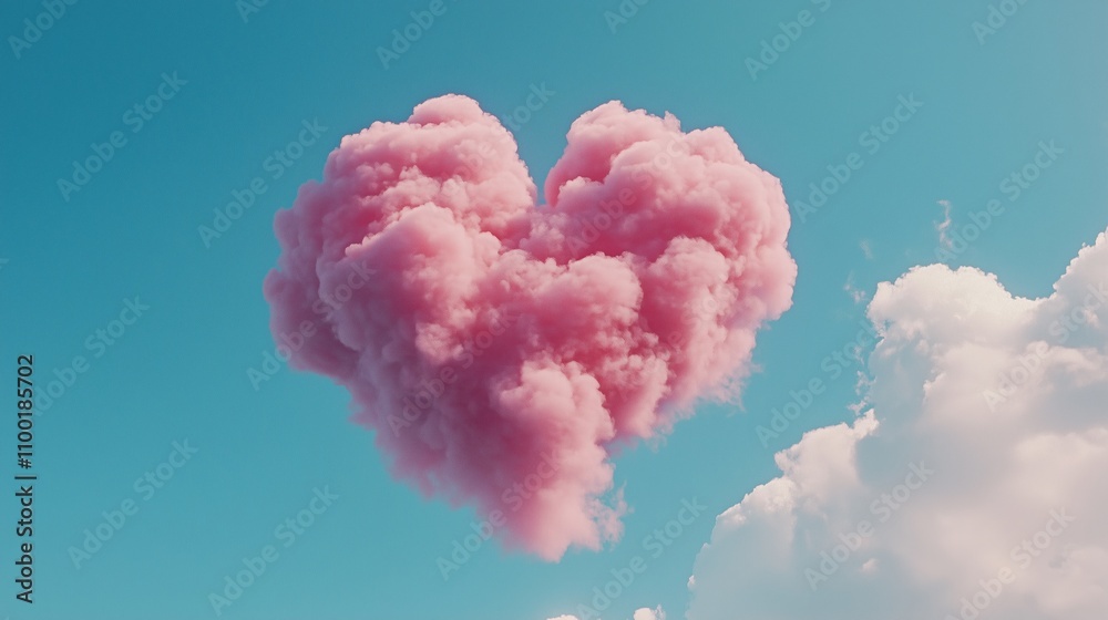Fototapeta premium A heart-shaped pink cloud in the sky against a blue background.