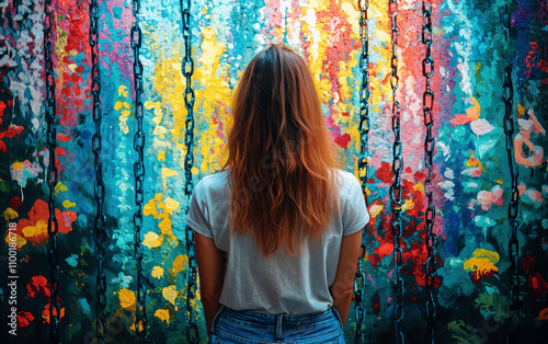 A Vibrant Reflection: Exploring the Intersection of Art and Emotion Through a Woman’s Contemplation Against a Colorful Mural. Feminism and Women's Rights Movements