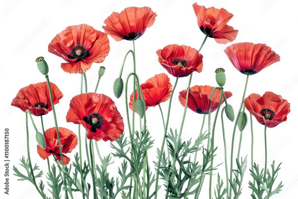 Obraz premium A group of red poppies sit on a pure white background, simple and elegant