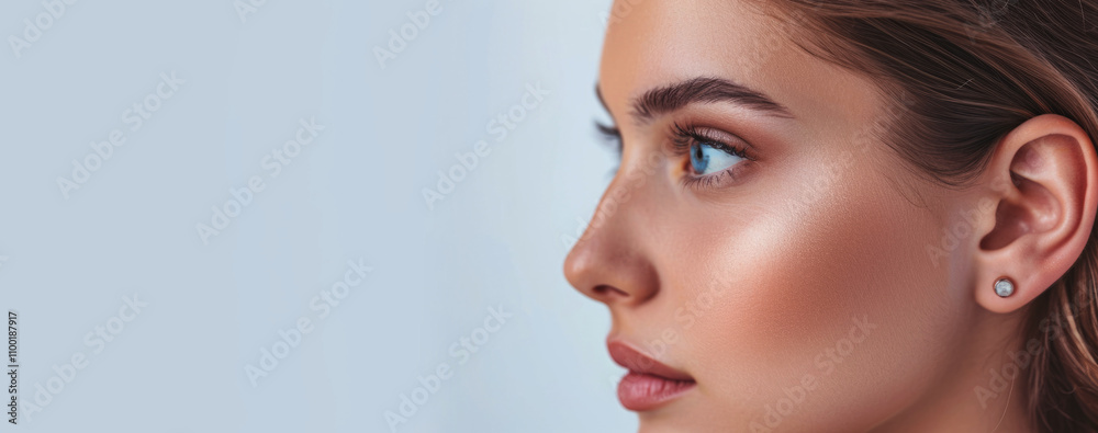 Obraz premium young girl with clear skin in profile on a Light background close-up Generative AI