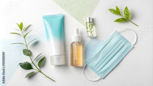 Wallpaper Mural Skincare essentials and mask on a textured background Torontodigital.ca