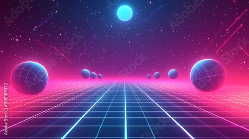 Vibrant neon grid pattern featuring glowing spheres in a cosmic landscape