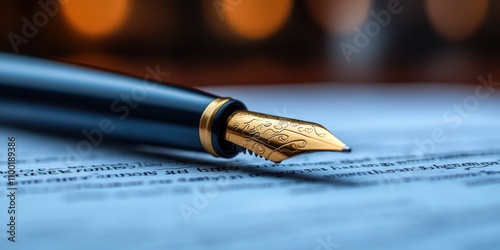 A beautifully crafted gold fountain pen rests elegantly on a sheet of paper, symbolizing the timeless art of handwriting and intellectual creativity photo