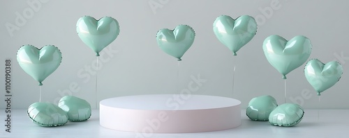Classy white Valentines podium and mint green heart-shaped balloons in HD