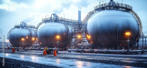 hyper realistic photo of  Hydrogen power plant, large steel tanks and pipes, wide angle photo photo