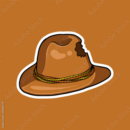 A digital illustration of a brown cowboy hat with a rope band and worn edges, set against an orange background. Ideal for western or vintage-themed projects.