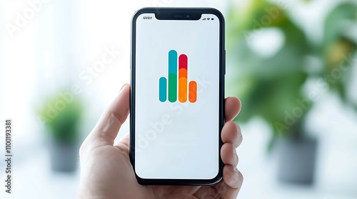 Insurance premium health concept. A smartphone displays a colorful app logo featuring vertical bars, held against a blurred background of green plants.